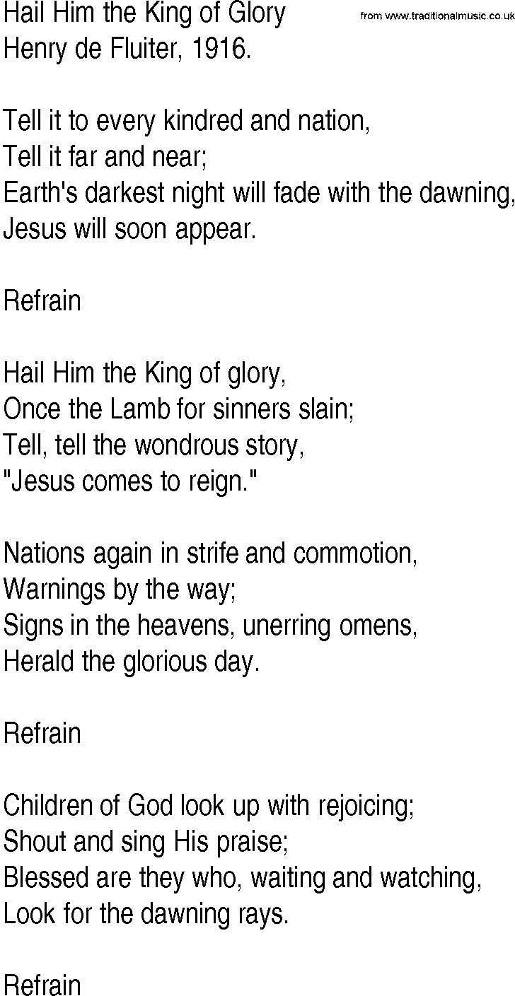 Hymn and Gospel Song: Hail Him the King of Glory by Henry de Fluiter lyrics