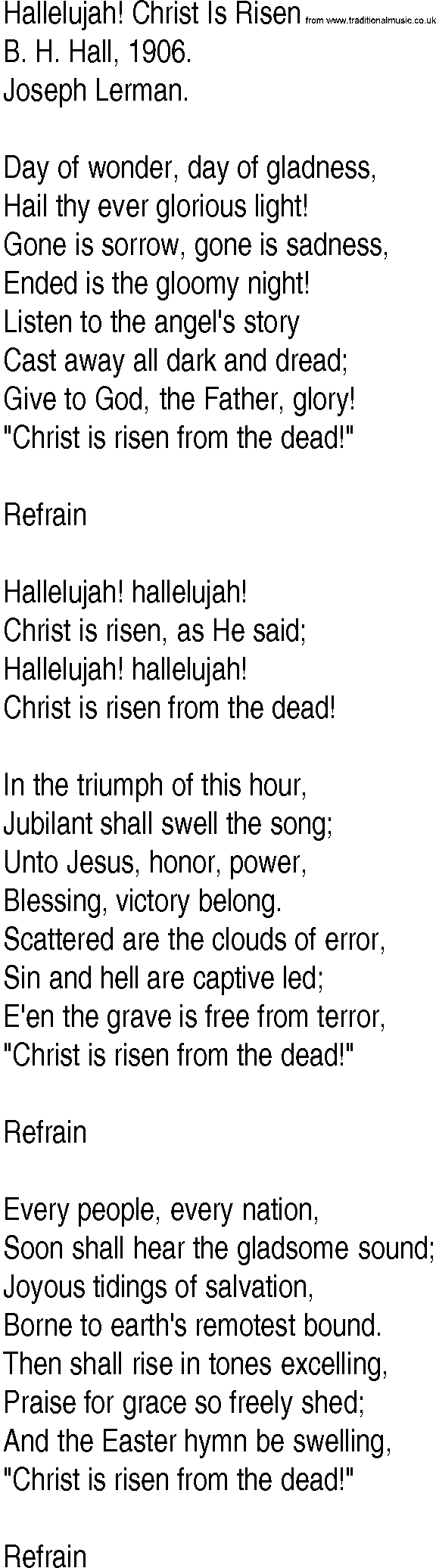 Hymn and Gospel Song: Hallelujah! Christ Is Risen by B H Hall lyrics
