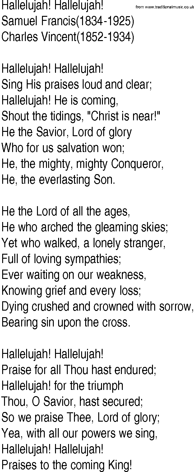Hymn and Gospel Song: Hallelujah! Hallelujah! by Samuel Francis lyrics