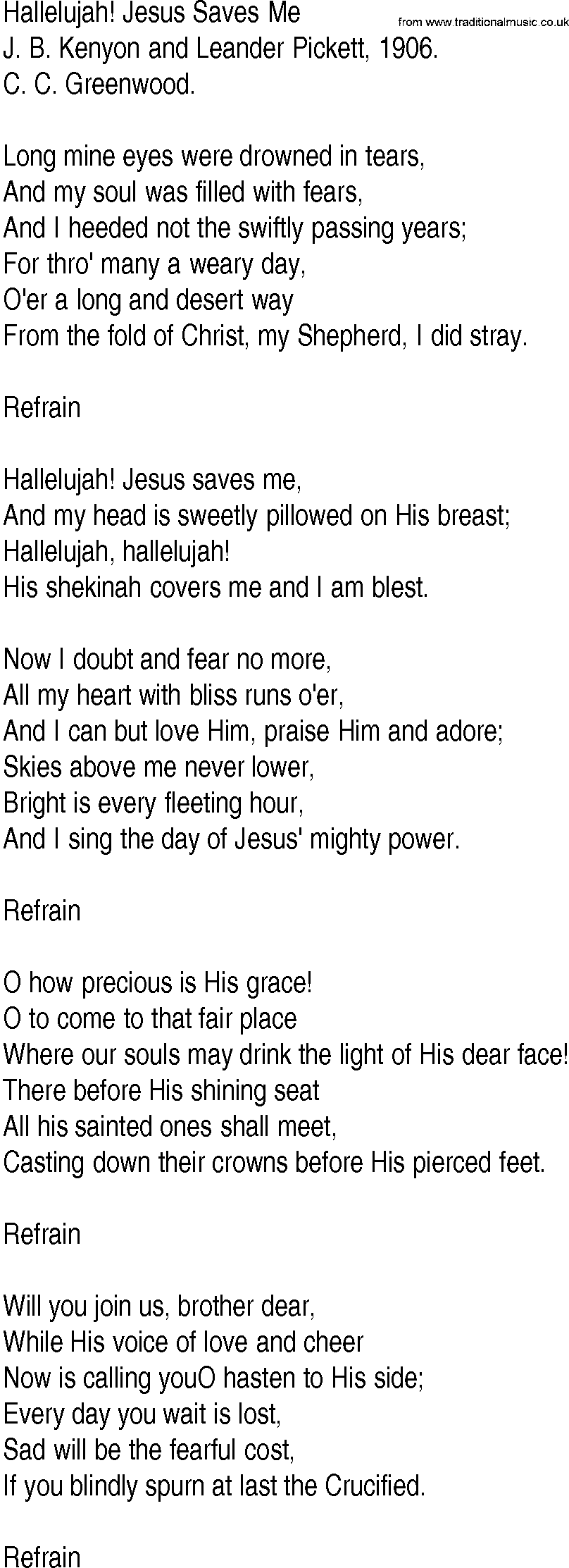 Hymn and Gospel Song: Hallelujah! Jesus Saves Me by J B Kenyon and Leander Pickett lyrics