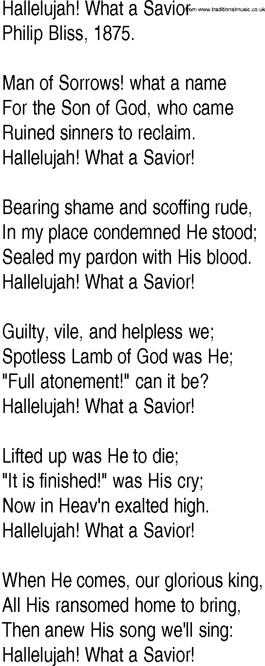 Hymn and Gospel Song: Hallelujah! What a Savior by Philip Bliss lyrics