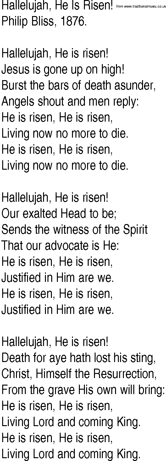 Hymn and Gospel Song: Hallelujah, He Is Risen! by Philip Bliss lyrics