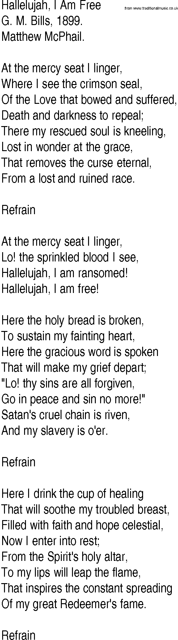 Hymn and Gospel Song: Hallelujah, I Am Free by G M Bills lyrics