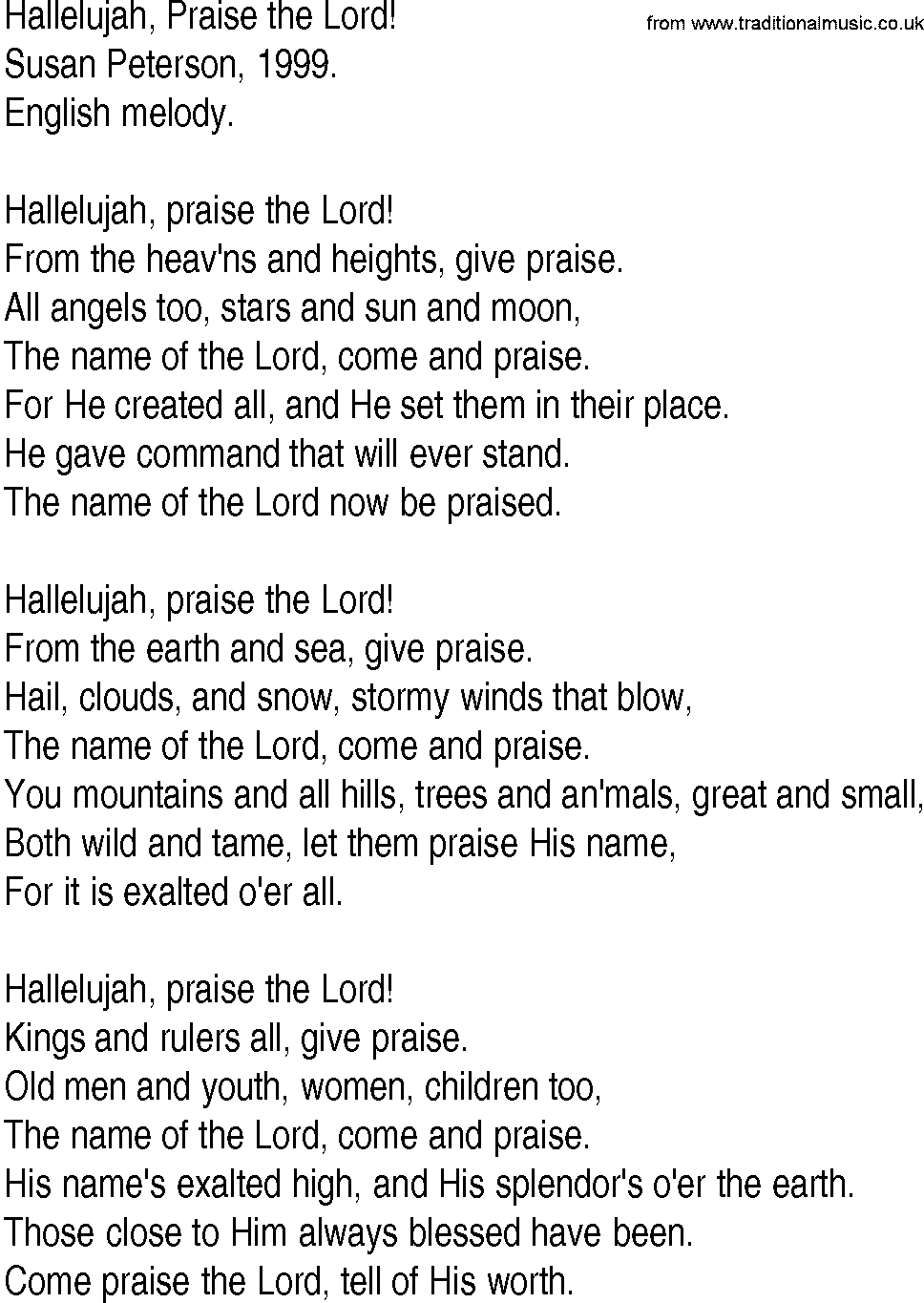 Hymn and Gospel Song: Hallelujah, Praise the Lord! by Susan Peterson lyrics