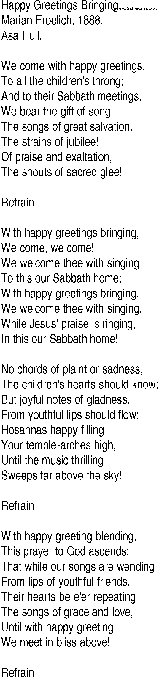 Hymn and Gospel Song: Happy Greetings Bringing by Marian Froelich lyrics