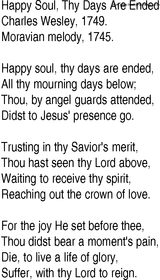 Hymn and Gospel Song: Happy Soul, Thy Days Are Ended by Charles Wesley lyrics