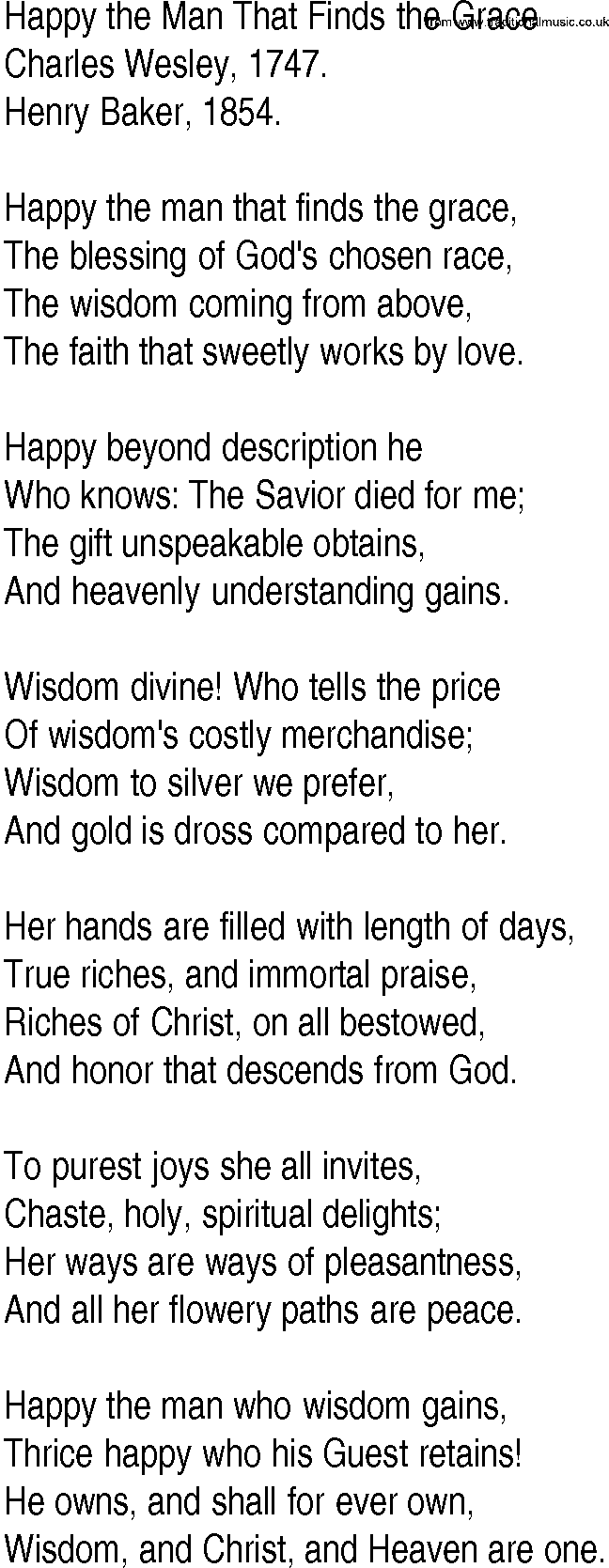 Hymn and Gospel Song: Happy the Man That Finds the Grace by Charles Wesley lyrics