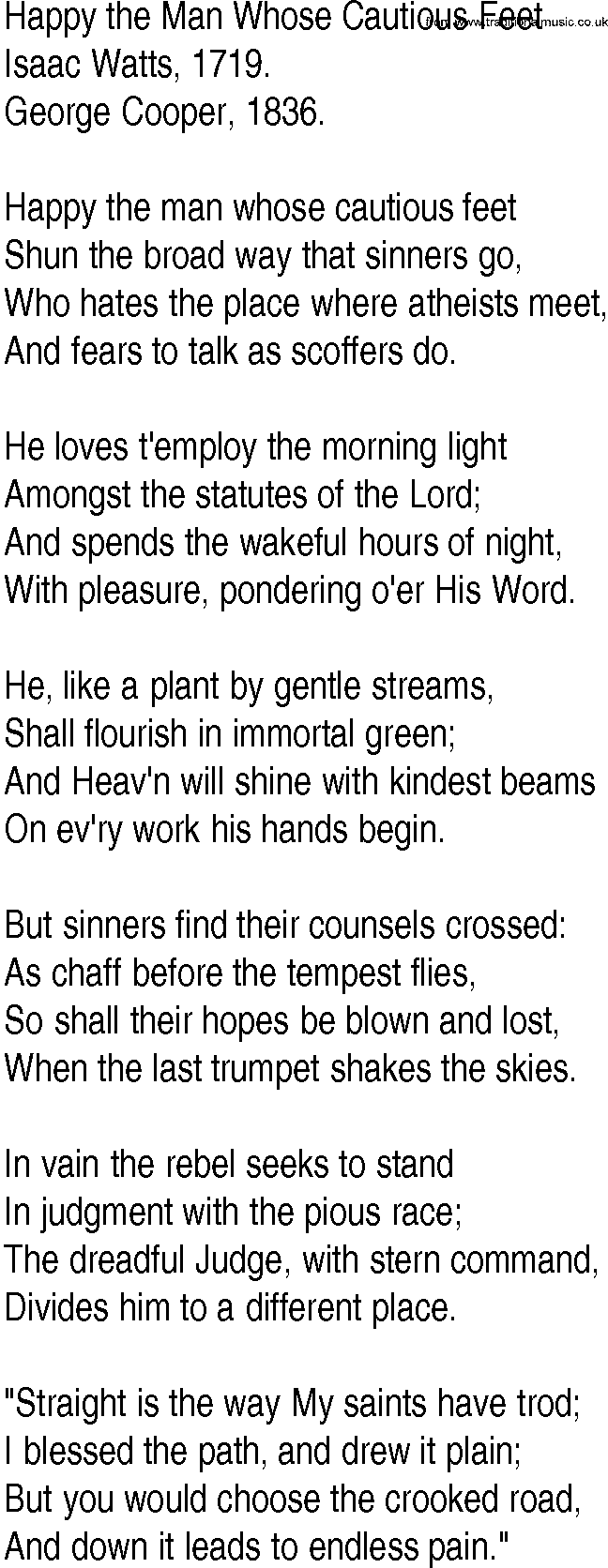 Hymn and Gospel Song: Happy the Man Whose Cautious Feet by Isaac Watts lyrics
