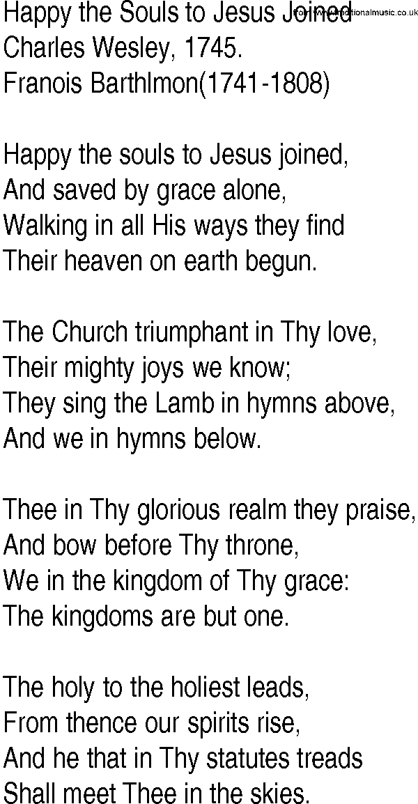 Hymn and Gospel Song: Happy the Souls to Jesus Joined by Charles Wesley lyrics