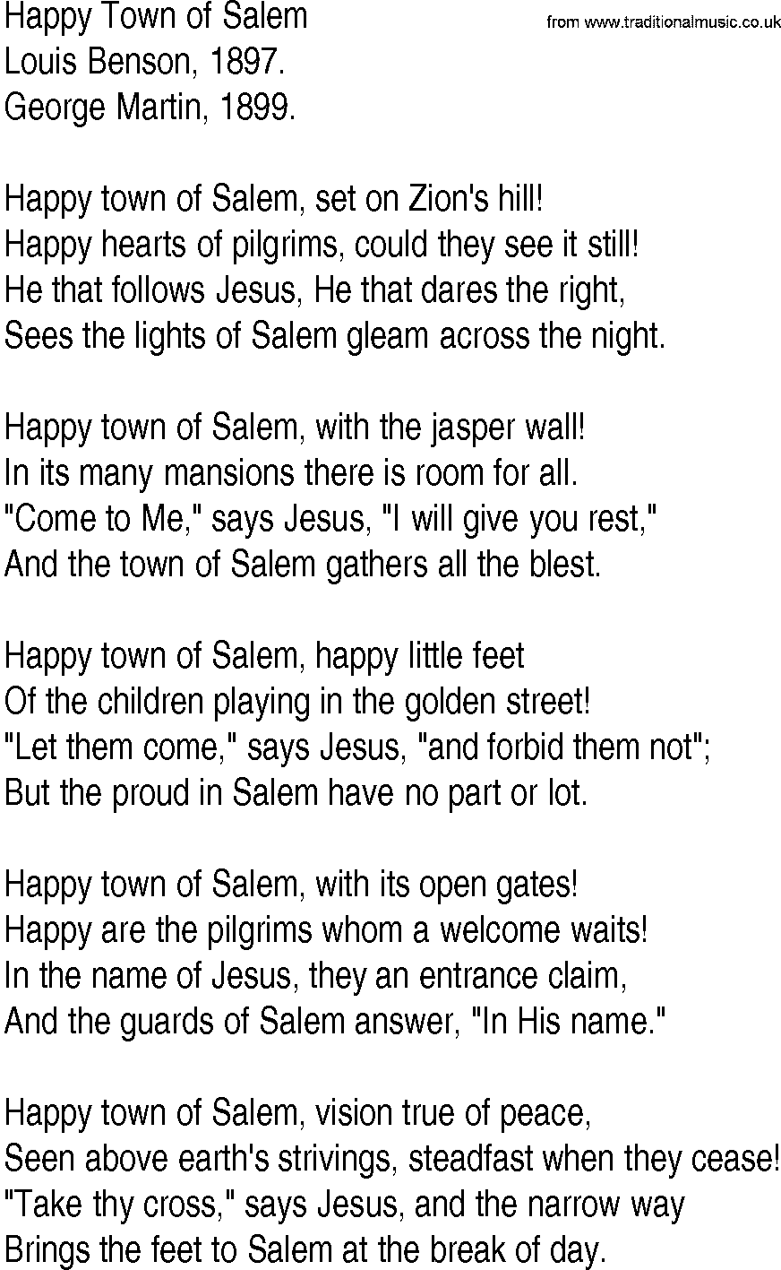 Hymn and Gospel Song: Happy Town of Salem by Louis Benson lyrics