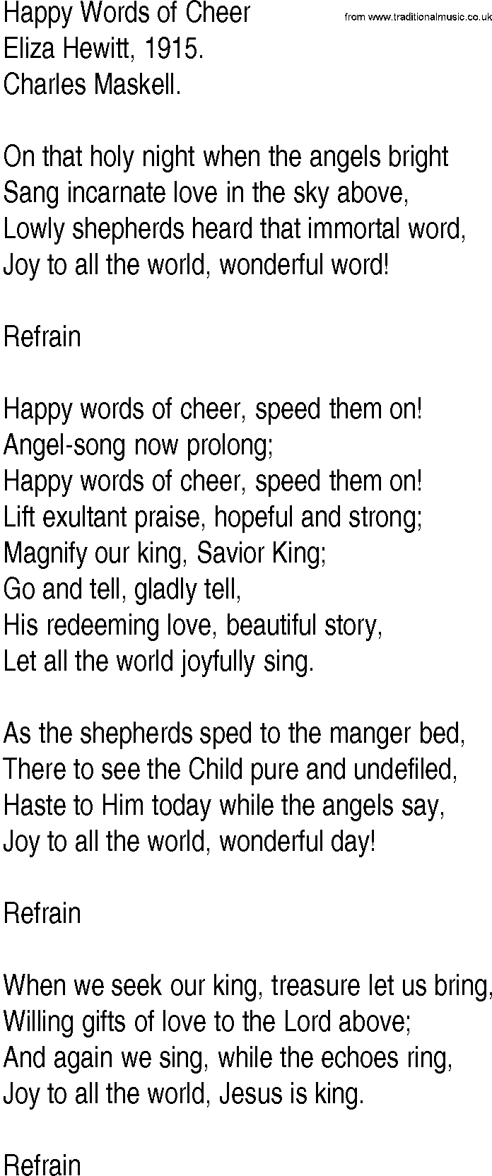 Hymn and Gospel Song: Happy Words of Cheer by Eliza Hewitt lyrics