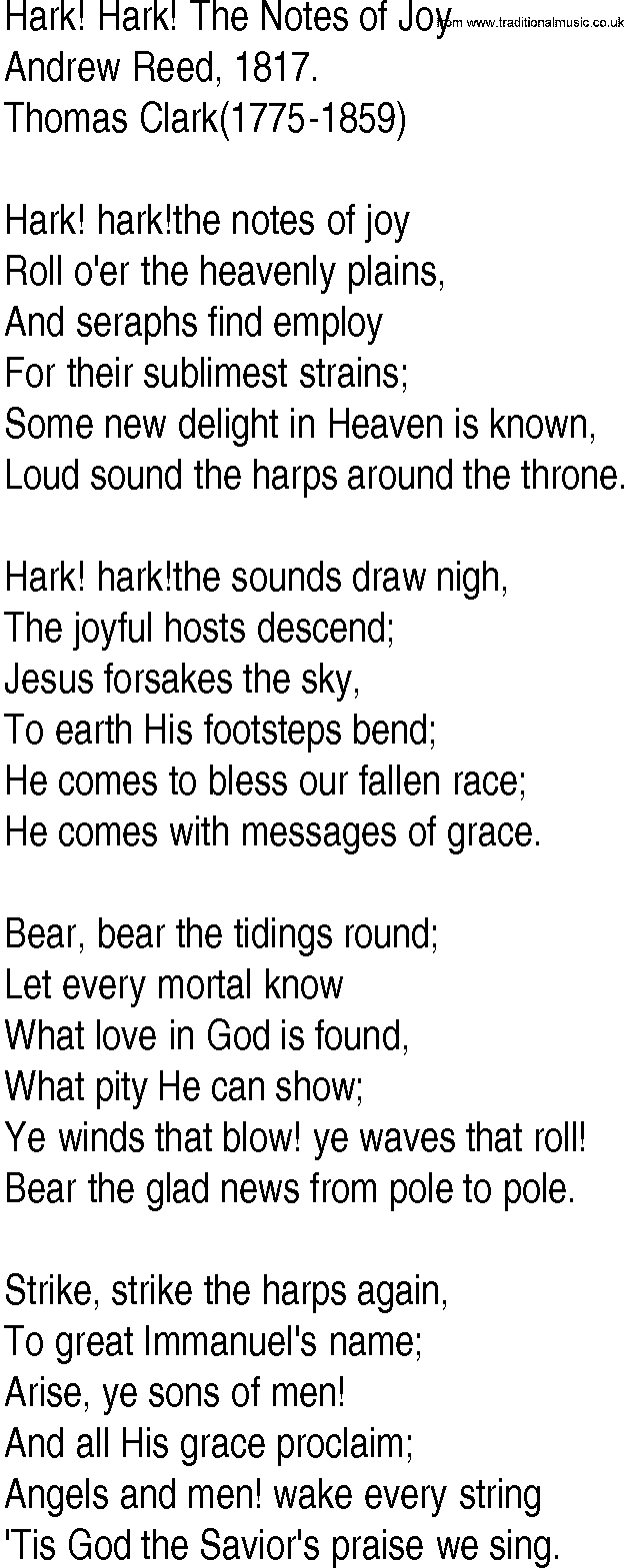 Hymn and Gospel Song: Hark! Hark! The Notes of Joy by Andrew Reed lyrics