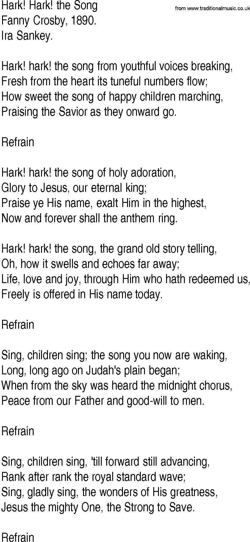 Hymn and Gospel Song: Hark! Hark! the Song by Fanny Crosby lyrics