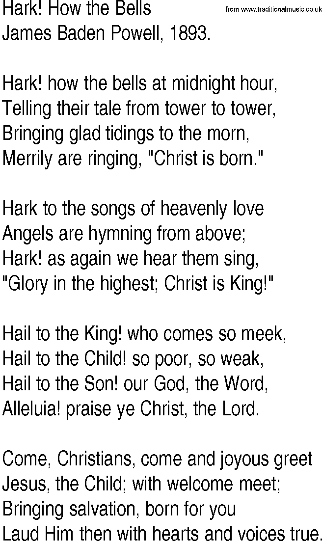 Hymn and Gospel Song Lyrics for Hark! How the Bells by James Baden Powell