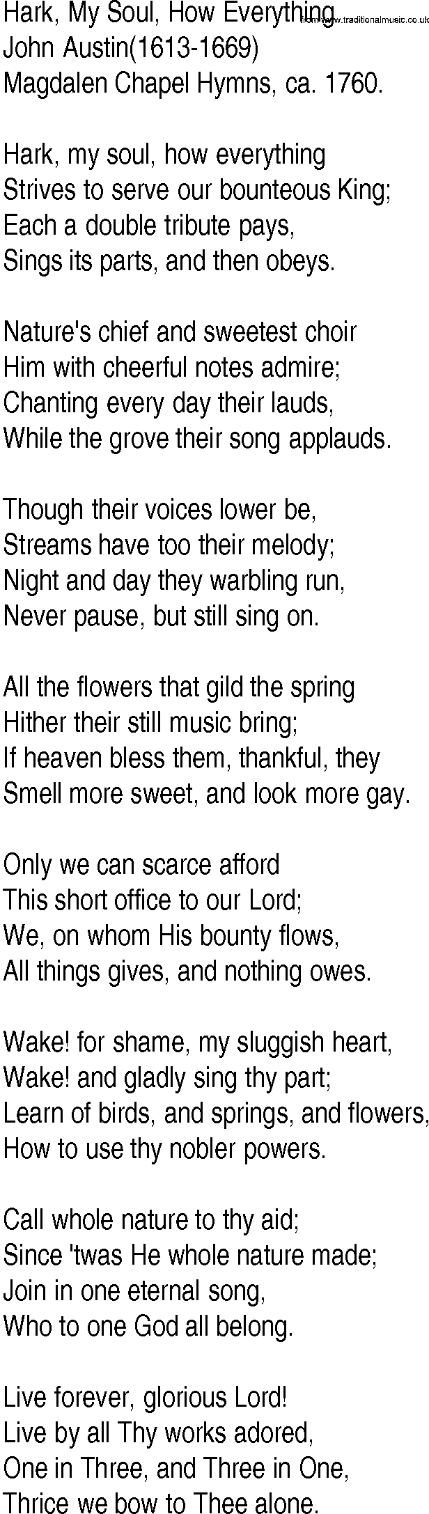 Hymn and Gospel Song: Hark, My Soul, How Everything by John Austin lyrics