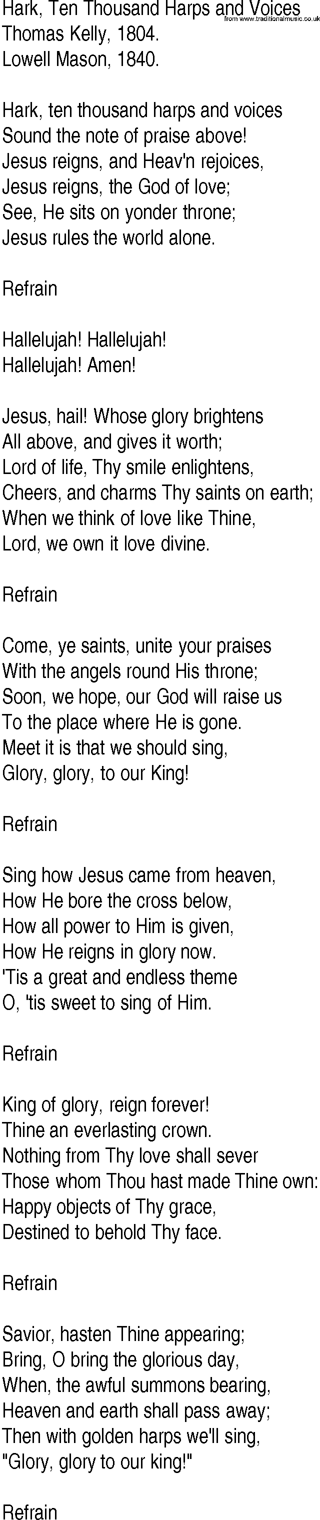 Hymn and Gospel Song: Hark, Ten Thousand Harps and Voices by Thomas Kelly lyrics