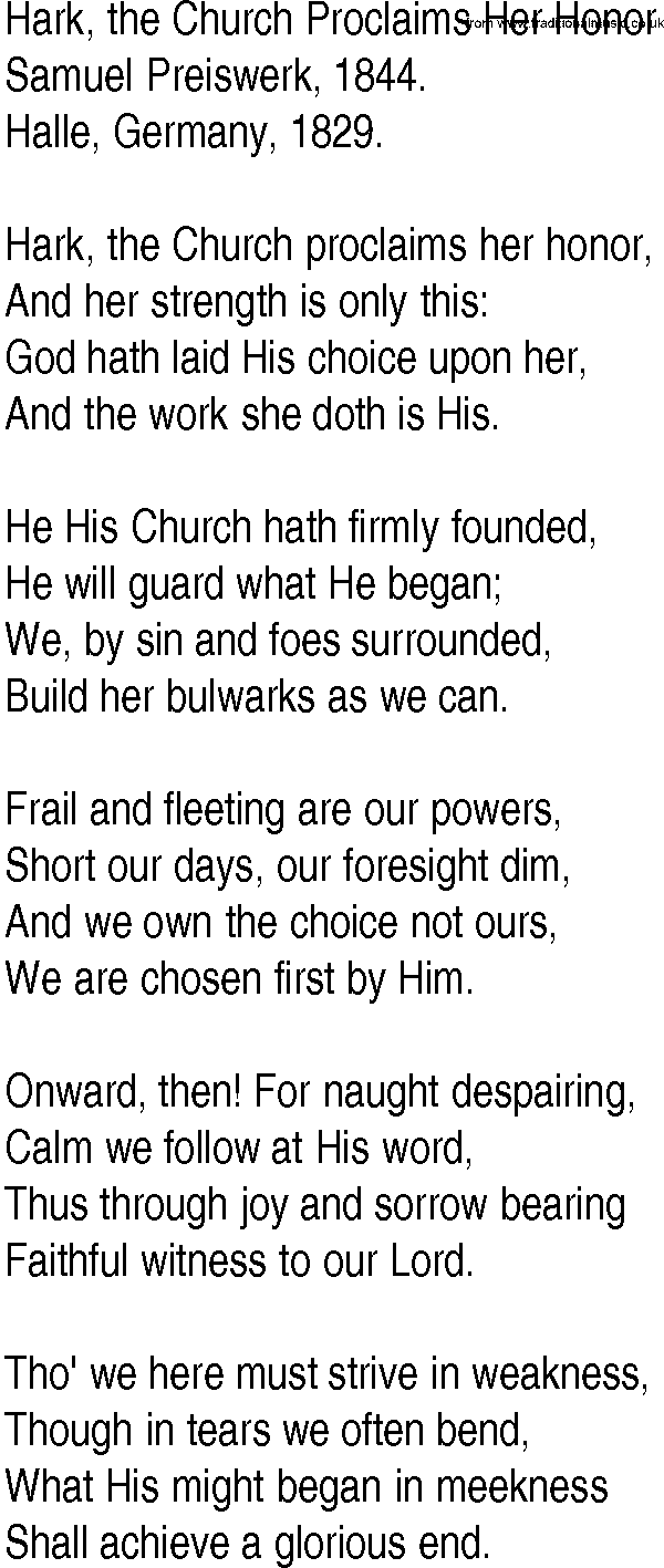Hymn and Gospel Song: Hark, the Church Proclaims Her Honor by Samuel Preiswerk lyrics