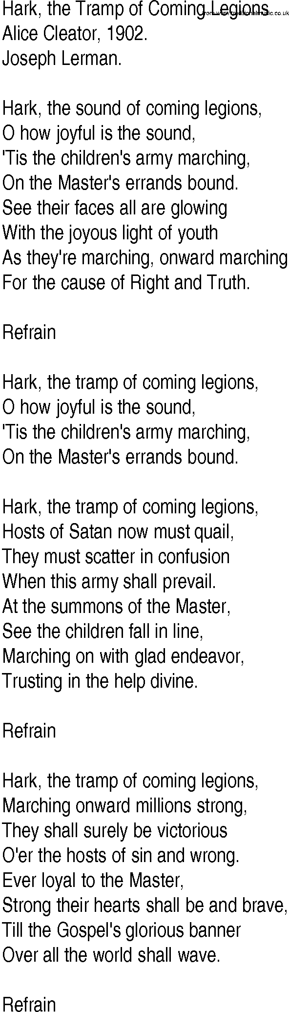 Hymn and Gospel Song: Hark, the Tramp of Coming Legions by Alice Cleator lyrics