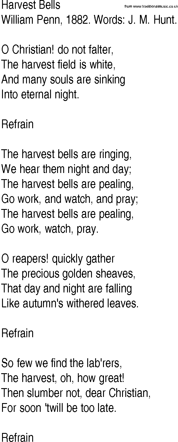 Hymn and Gospel Song: Harvest Bells by William Penn  Words J M Hunt lyrics