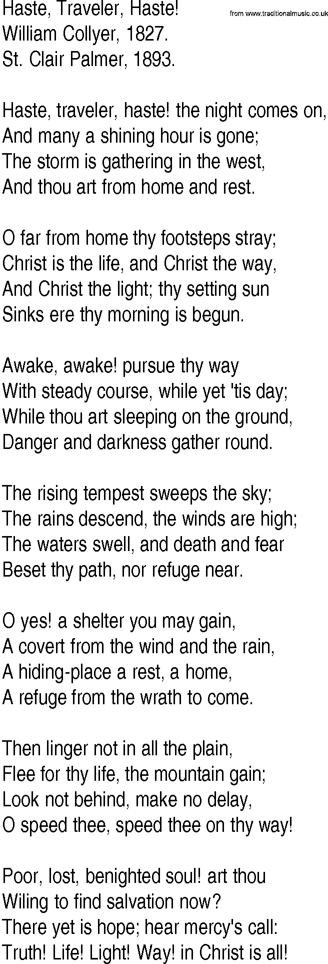 Hymn and Gospel Song: Haste, Traveler, Haste! by William Collyer lyrics