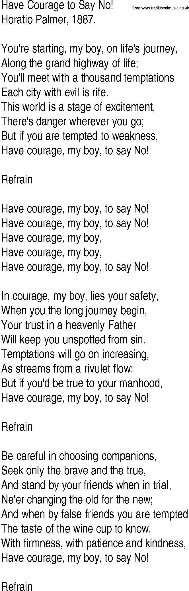 Hymn and Gospel Song: Have Courage to Say No! by Horatio Palmer lyrics