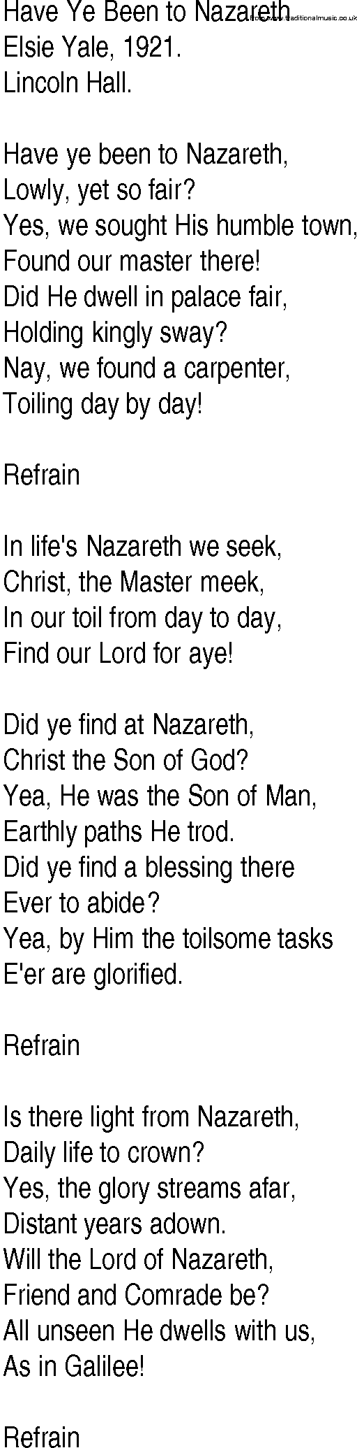 Hymn and Gospel Song: Have Ye Been to Nazareth by Elsie Yale lyrics
