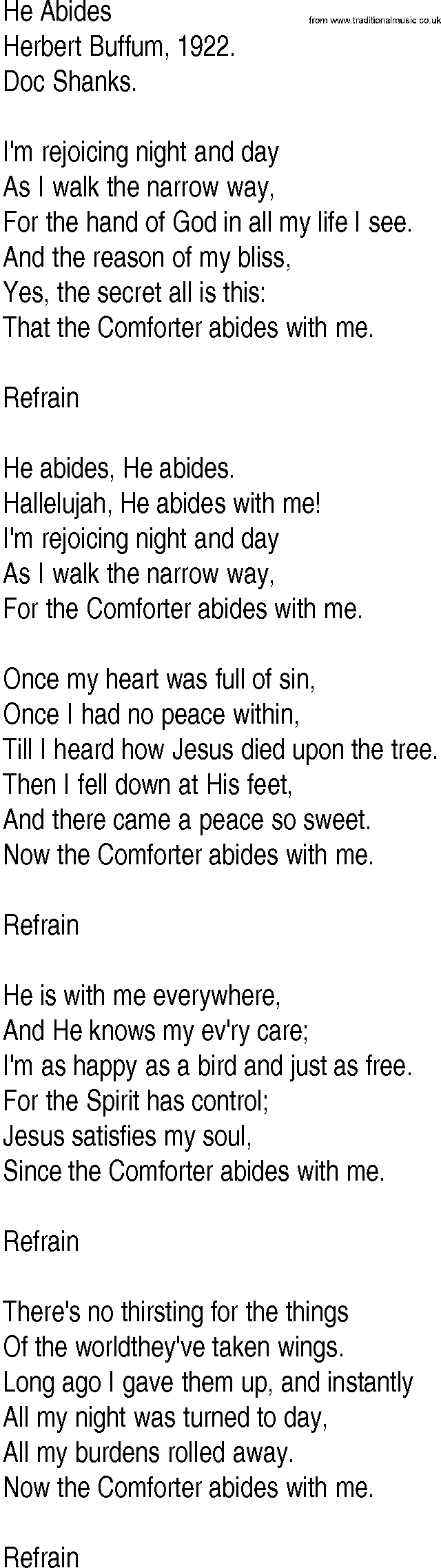 Hymn and Gospel Song: He Abides by Herbert Buffum lyrics