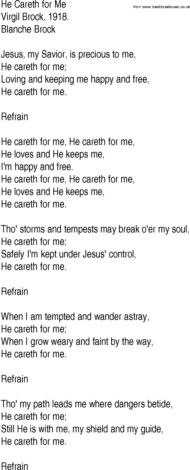 Hymn and Gospel Song: He Careth for Me by Virgil Brock lyrics