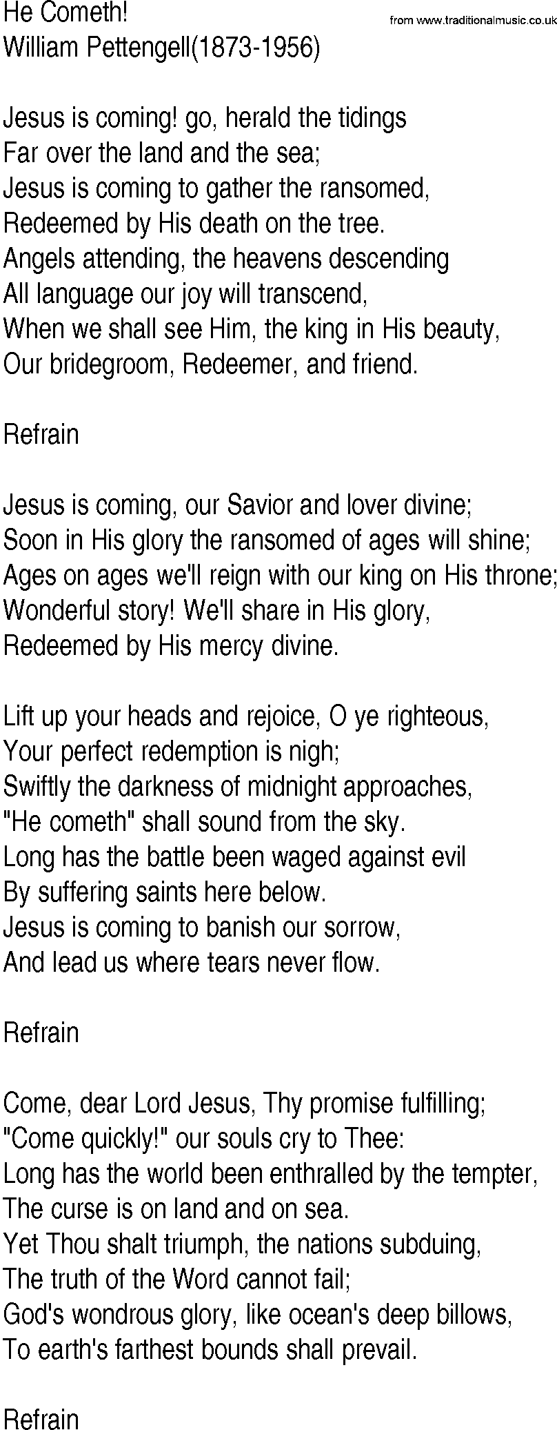 Hymn and Gospel Song: He Cometh! by William Pettengell lyrics