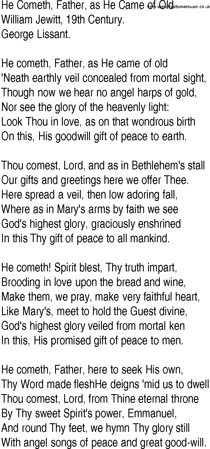 Hymn and Gospel Song: He Cometh, Father, as He Came of Old by William Jewitt th Century lyrics