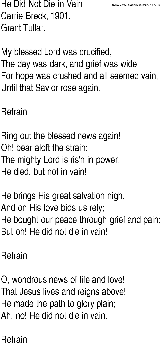 Hymn and Gospel Song: He Did Not Die in Vain by Carrie Breck lyrics