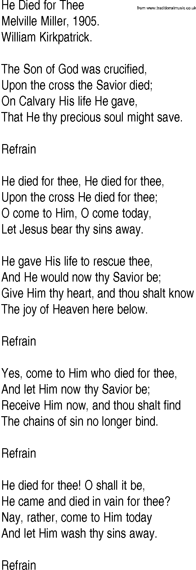 Hymn and Gospel Song: He Died for Thee by Melville Miller lyrics