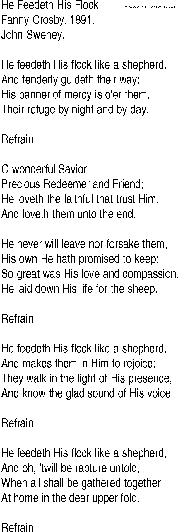 Hymn and Gospel Song: He Feedeth His Flock by Fanny Crosby lyrics