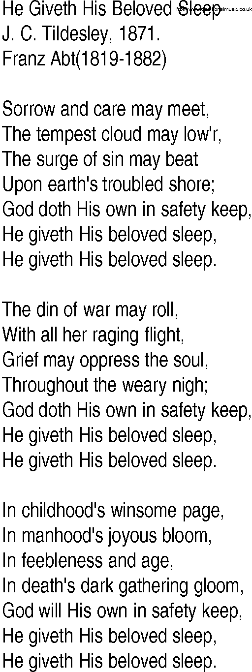 Hymn and Gospel Song: He Giveth His Beloved Sleep by J C Tildesley lyrics