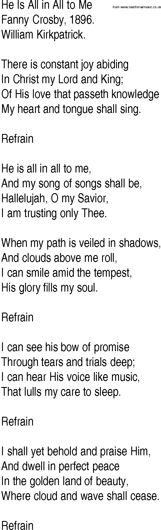 Hymn and Gospel Song: He Is All in All to Me by Fanny Crosby lyrics