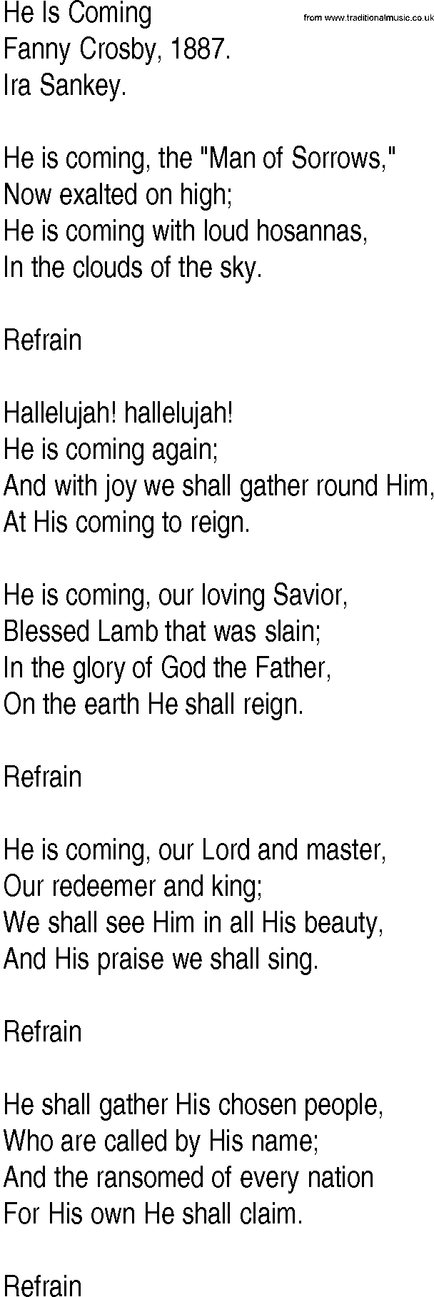 Hymn and Gospel Song: He Is Coming by Fanny Crosby lyrics
