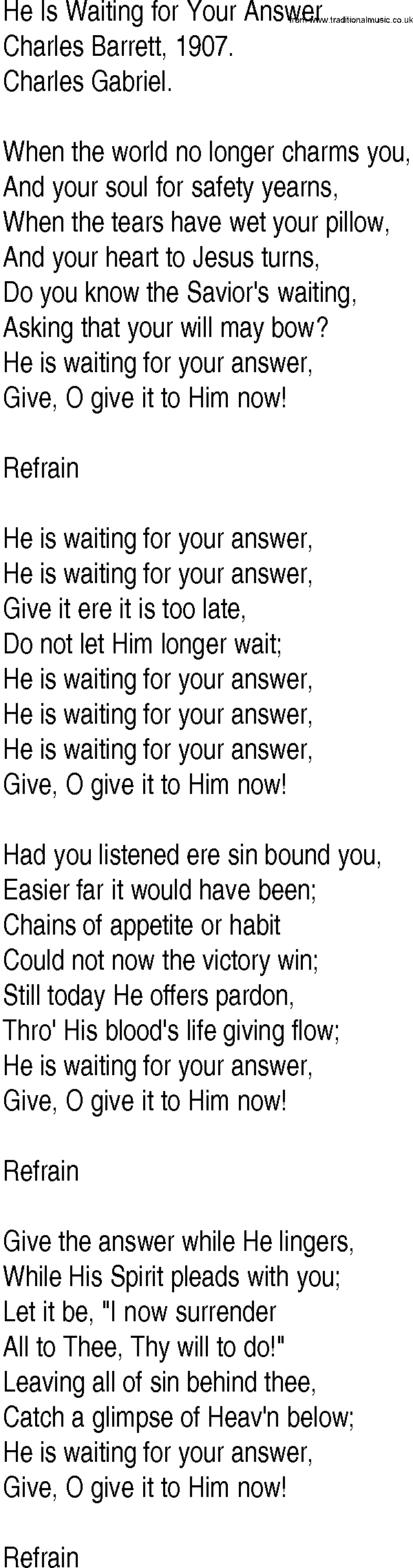 Hymn and Gospel Song: He Is Waiting for Your Answer by Charles Barrett lyrics