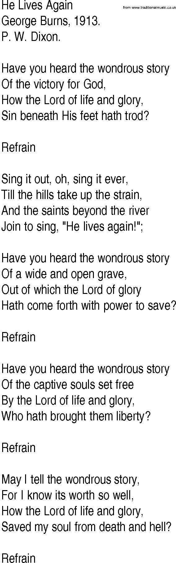 Hymn and Gospel Song: He Lives Again by George Burns lyrics