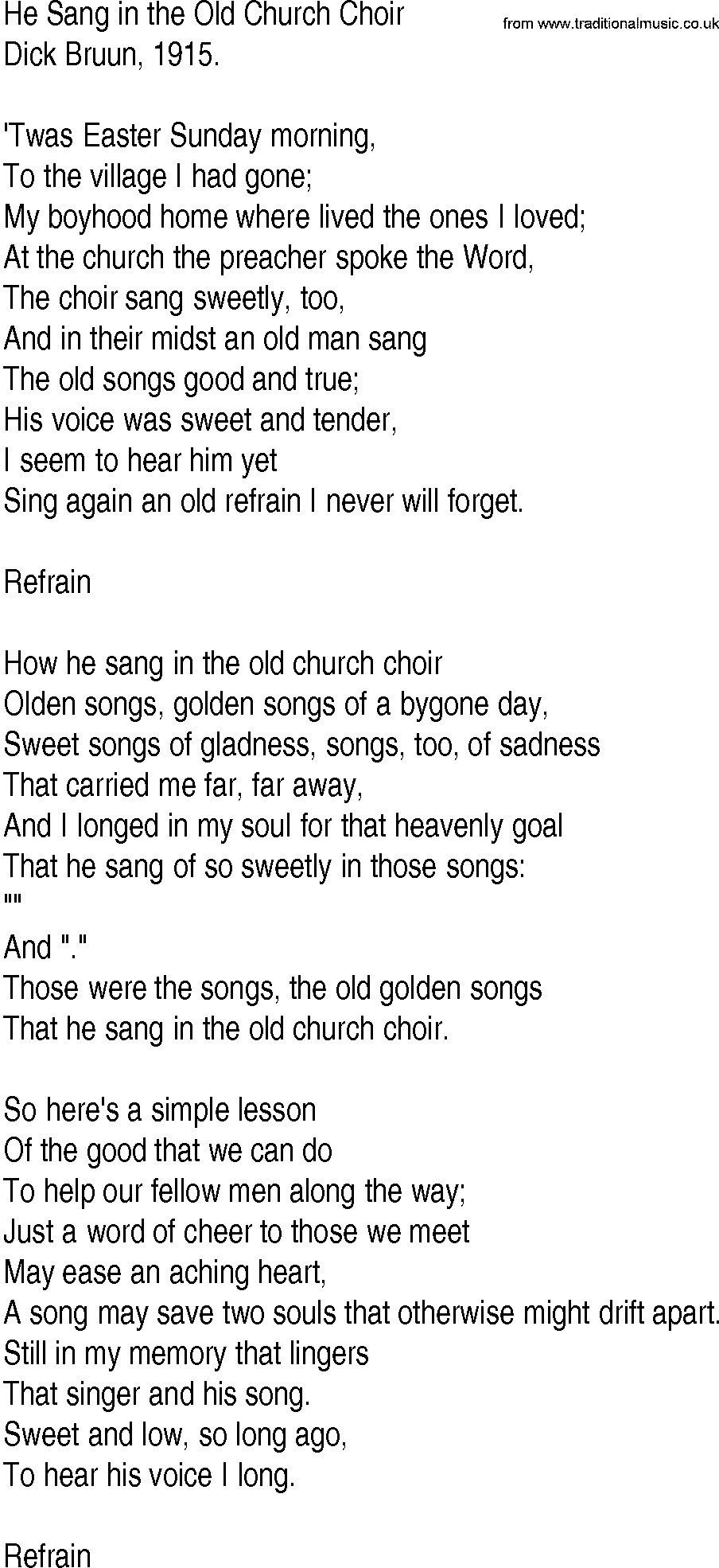 Hymn and Gospel Song: He Sang in the Old Church Choir by Dick Bruun lyrics