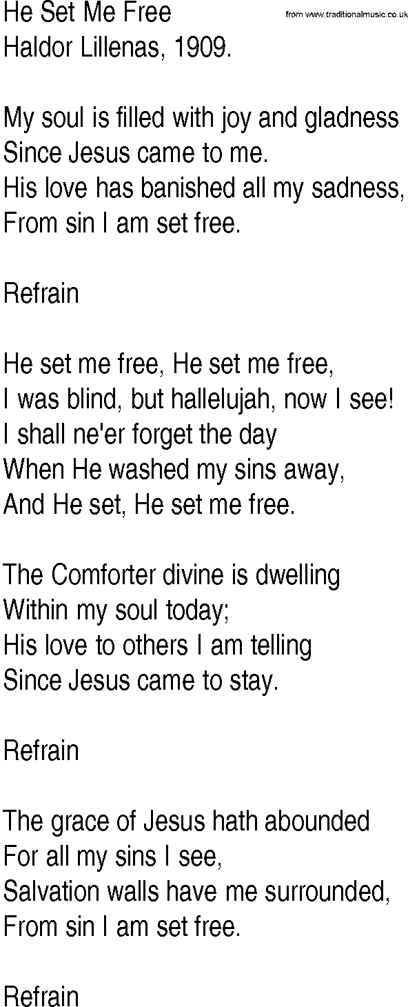Hymn and Gospel Song: He Set Me Free by Haldor Lillenas lyrics
