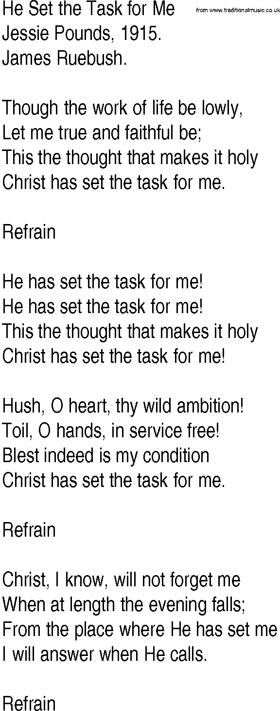 Hymn and Gospel Song: He Set the Task for Me by Jessie Pounds lyrics