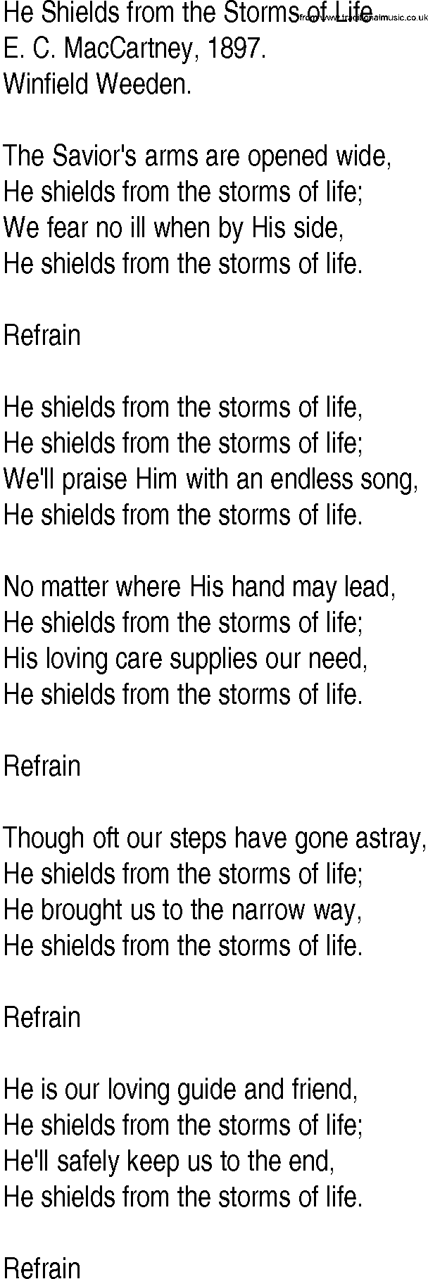 Hymn and Gospel Song: He Shields from the Storms of Life by E C MacCartney lyrics