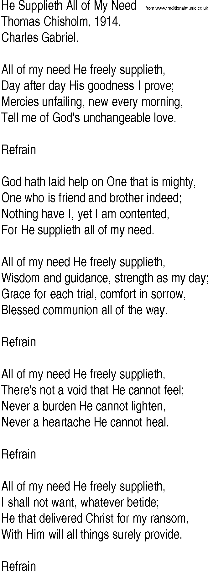 Hymn and Gospel Song: He Supplieth All of My Need by Thomas Chisholm lyrics