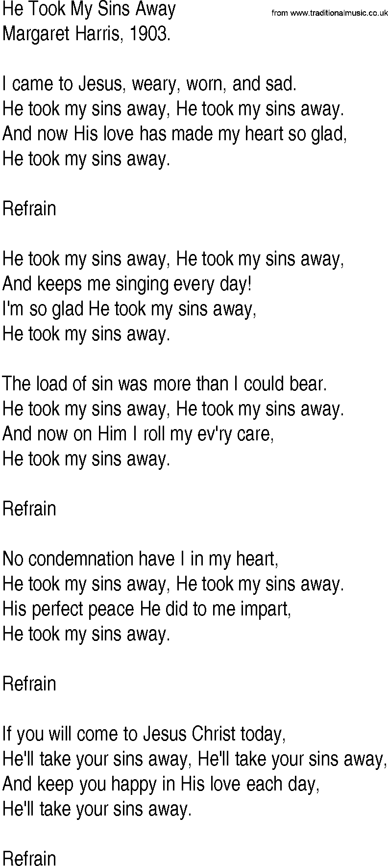 Hymn and Gospel Song: He Took My Sins Away by Margaret Harris lyrics