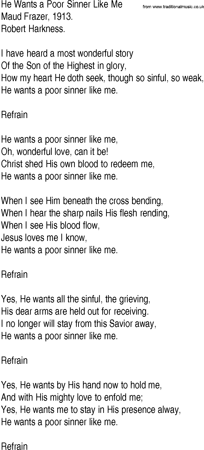 Hymn and Gospel Song: He Wants a Poor Sinner Like Me by Maud Frazer lyrics