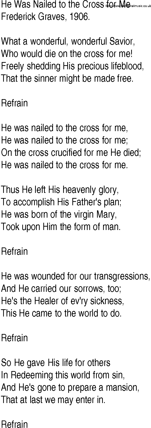 Hymn and Gospel Song: He Was Nailed to the Cross for Me by Frederick Graves lyrics