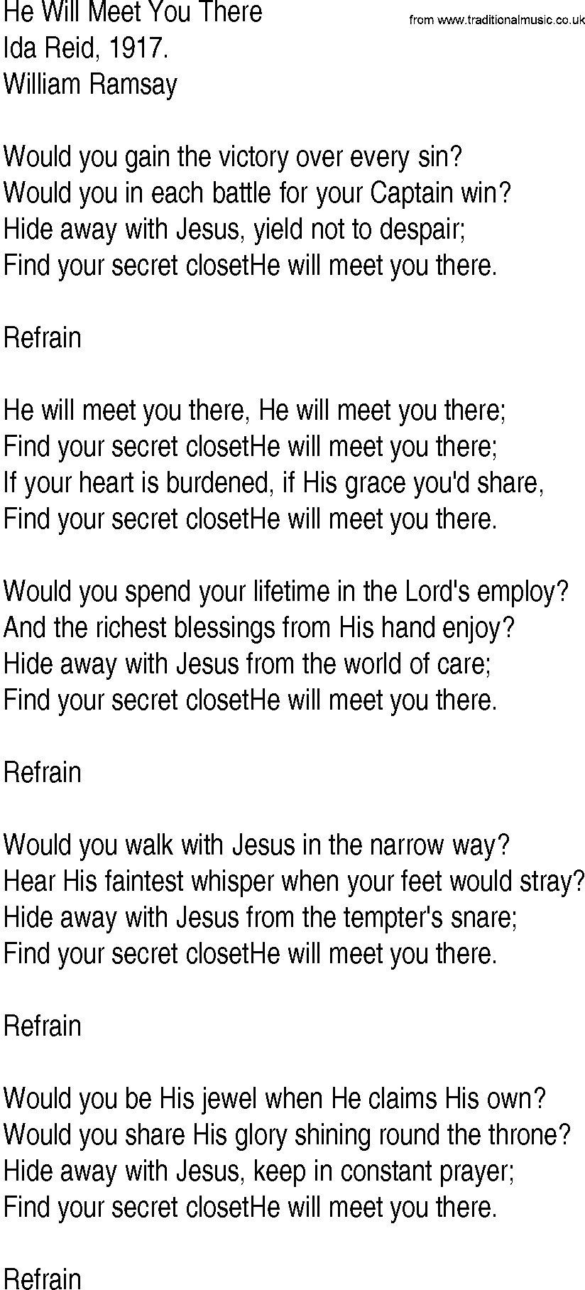 Hymn and Gospel Song: He Will Meet You There by Ida Reid lyrics