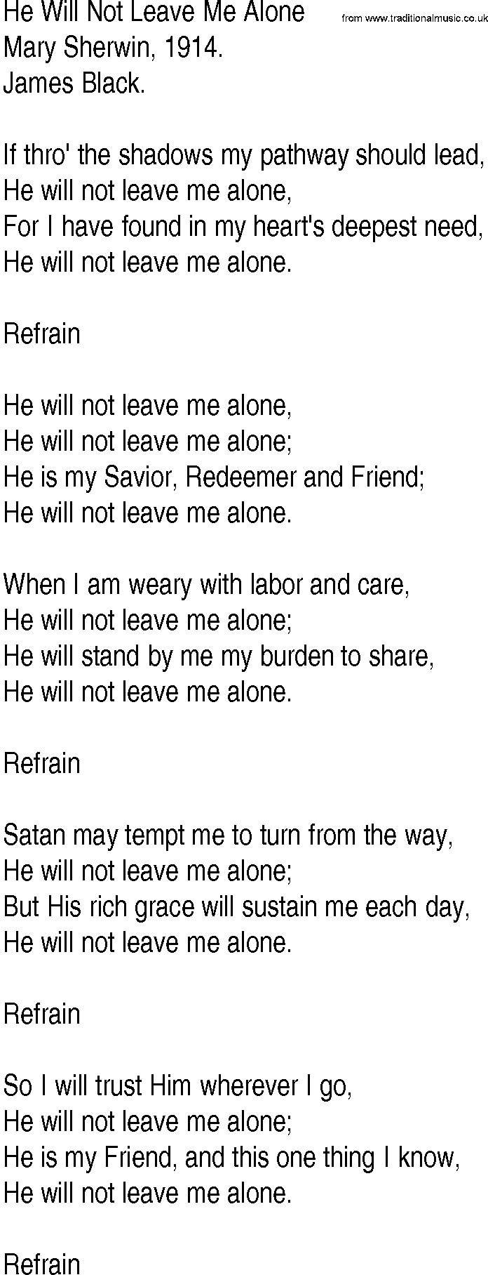 Hymn and Gospel Song: He Will Not Leave Me Alone by Mary Sherwin lyrics