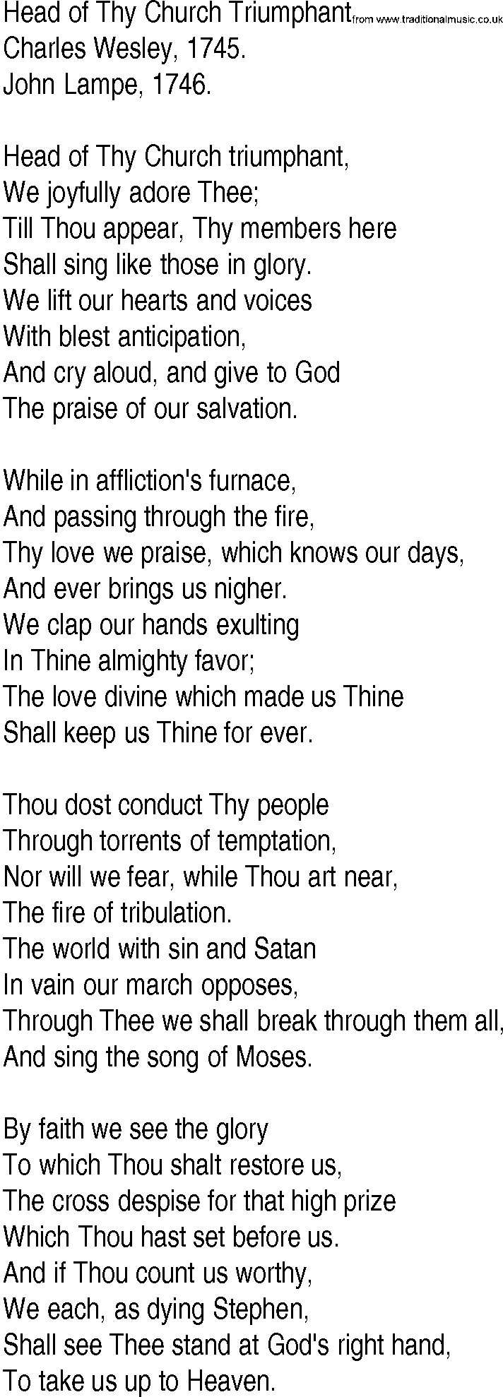 Hymn and Gospel Song: Head of Thy Church Triumphant by Charles Wesley lyrics