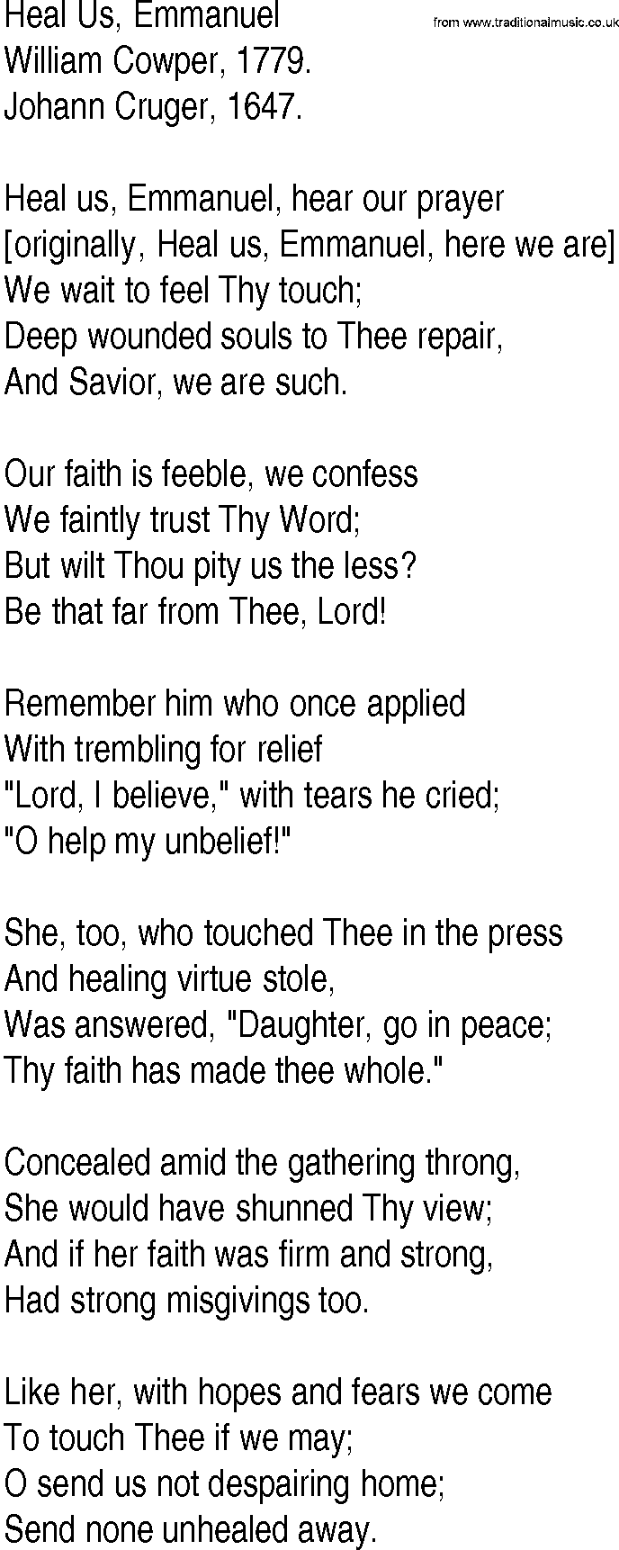 Hymn and Gospel Song: Heal Us, Emmanuel by William Cowper lyrics
